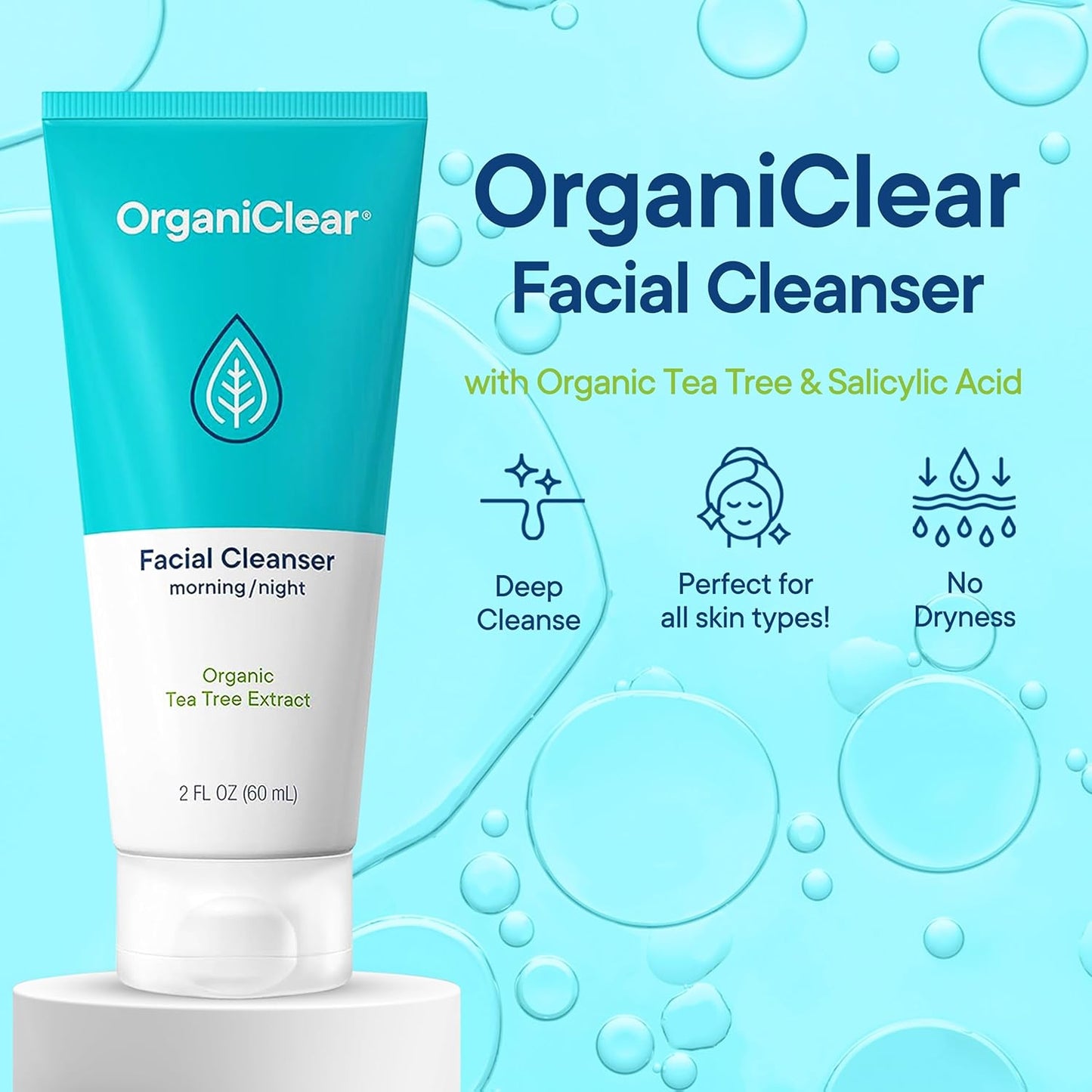 Facial Cleanser w/Organic Tea Tree & Salicylic Acid – Gentle Daily Foaming Gel Face Wash for Deep Cleansing & Makeup Removal – Unclogs Pores, Eliminates Dirt & Oil, (2 oz) 2 Pack