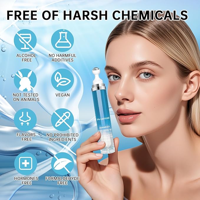 5% Caffeine Eye Cream Anti Aging, Eye Cream For Puffiness & Bags Under Eyes, 2 PCS Caffeine Eye Serum With Under Eye Roller For Wrinkles, Fine Lines & Dark Circles, Natural Eye Daily Care.