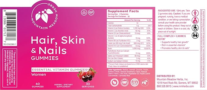 Mountain Meadow Herbs Hair, Skin and Nails Gummies - Essential Daily Support for Lush Hair, Strong Nails, and Radiant Skin with Biotin-Infused Gummies (60 ct)