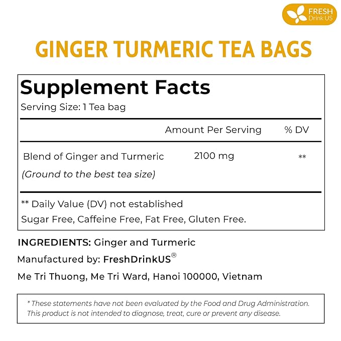 FRESHDRINKUS Premium 65 Turmeric Ginger Tea Bags, 100% Natural Ingredients, Hand-made Blend of and Ginger, Eco-conscious Bags. Herbal Tea. No Sugar, Caffeine, Gluten, Vegan.
