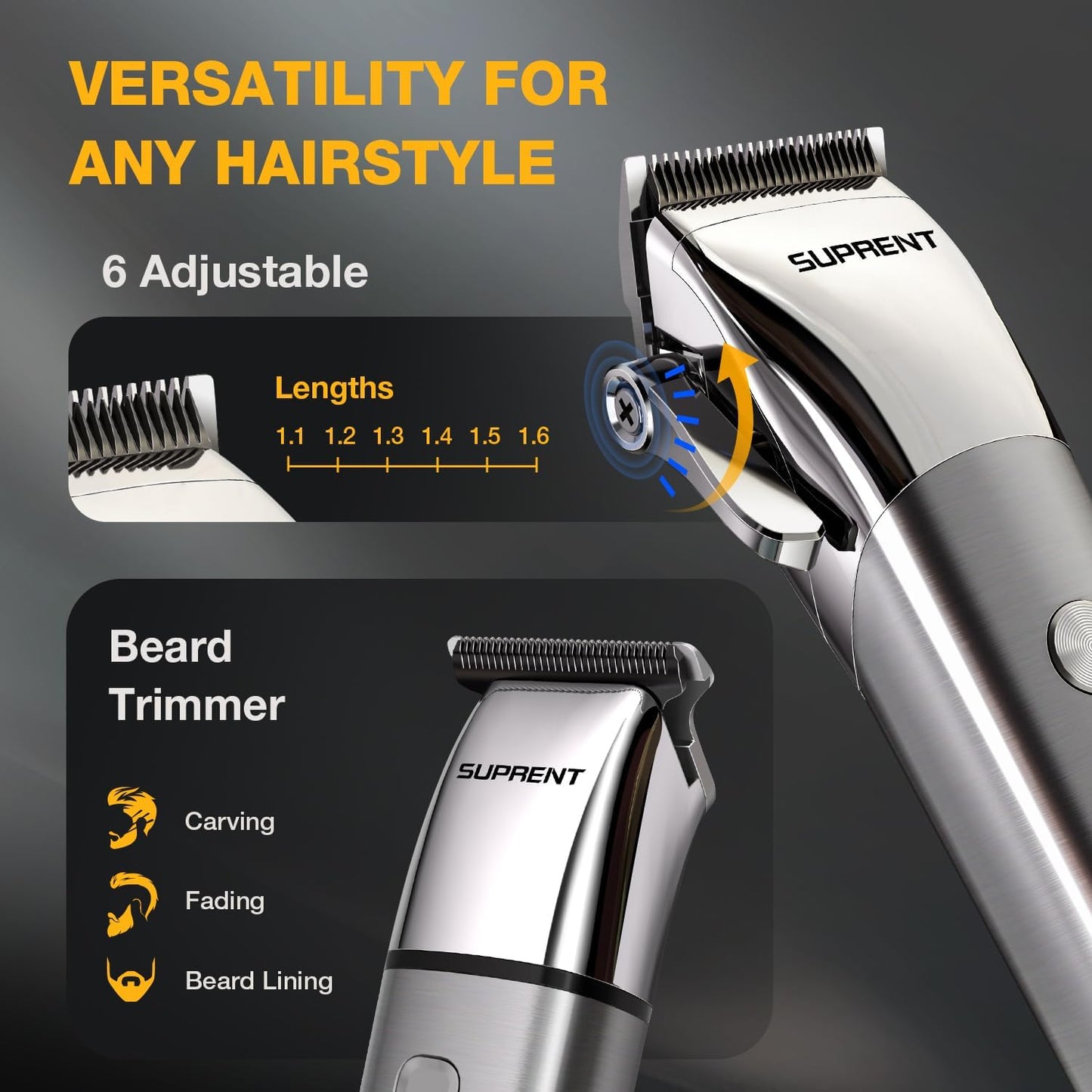 SUPRENT Low Noise Hair Clippers for Men Easy-Clean Waterproof Clippers, Cordless Clippers & Trimmers Set for Family Grooming
