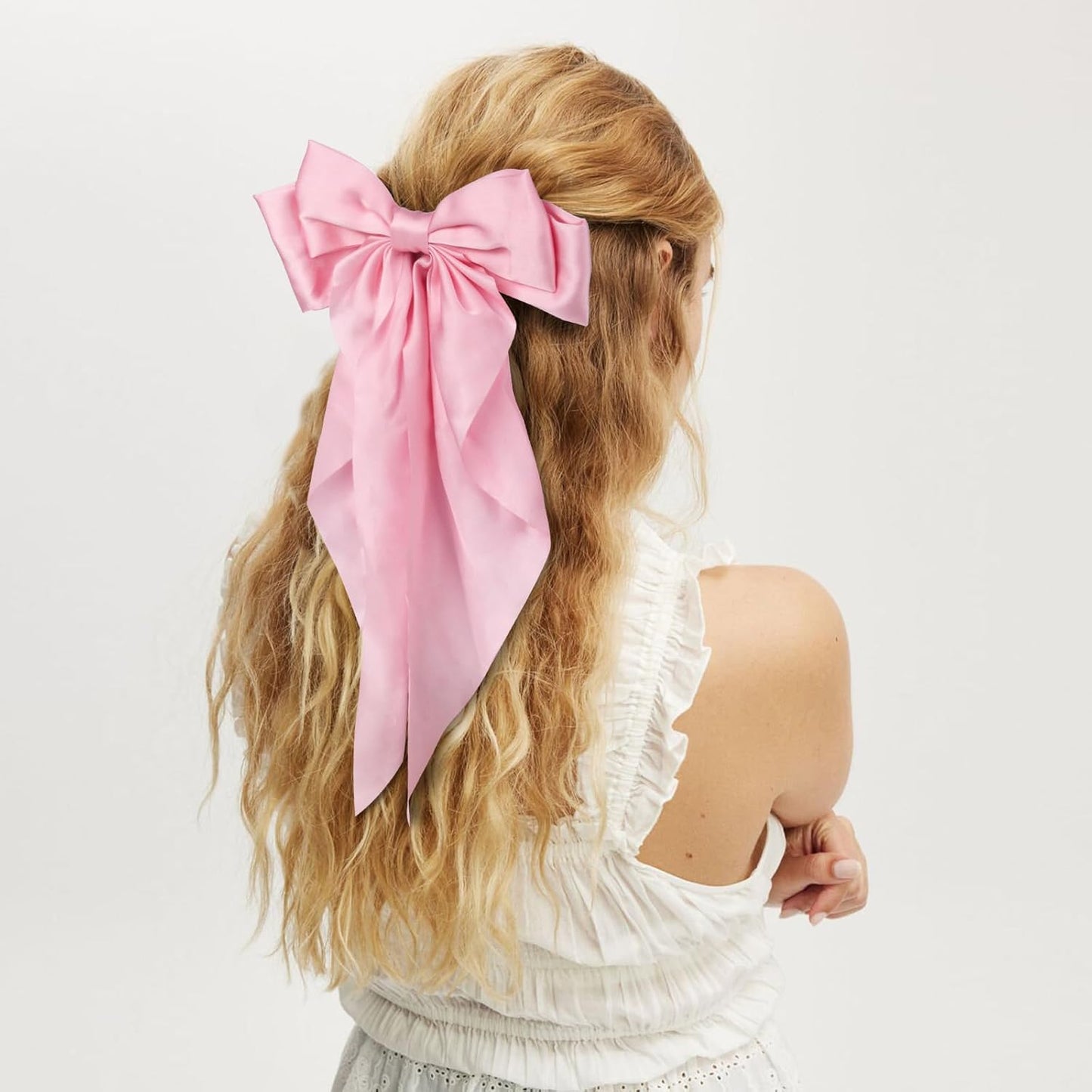 Silky Satin Hair Bows for Women Girls - 4PCS Ribbon Bows for Hair, Big Bow Hair Clips with Long Tail, Barrettes - Cute Hair Accessories Gifts (Hot Pink, Light Pink, Royal Pink, Beige)