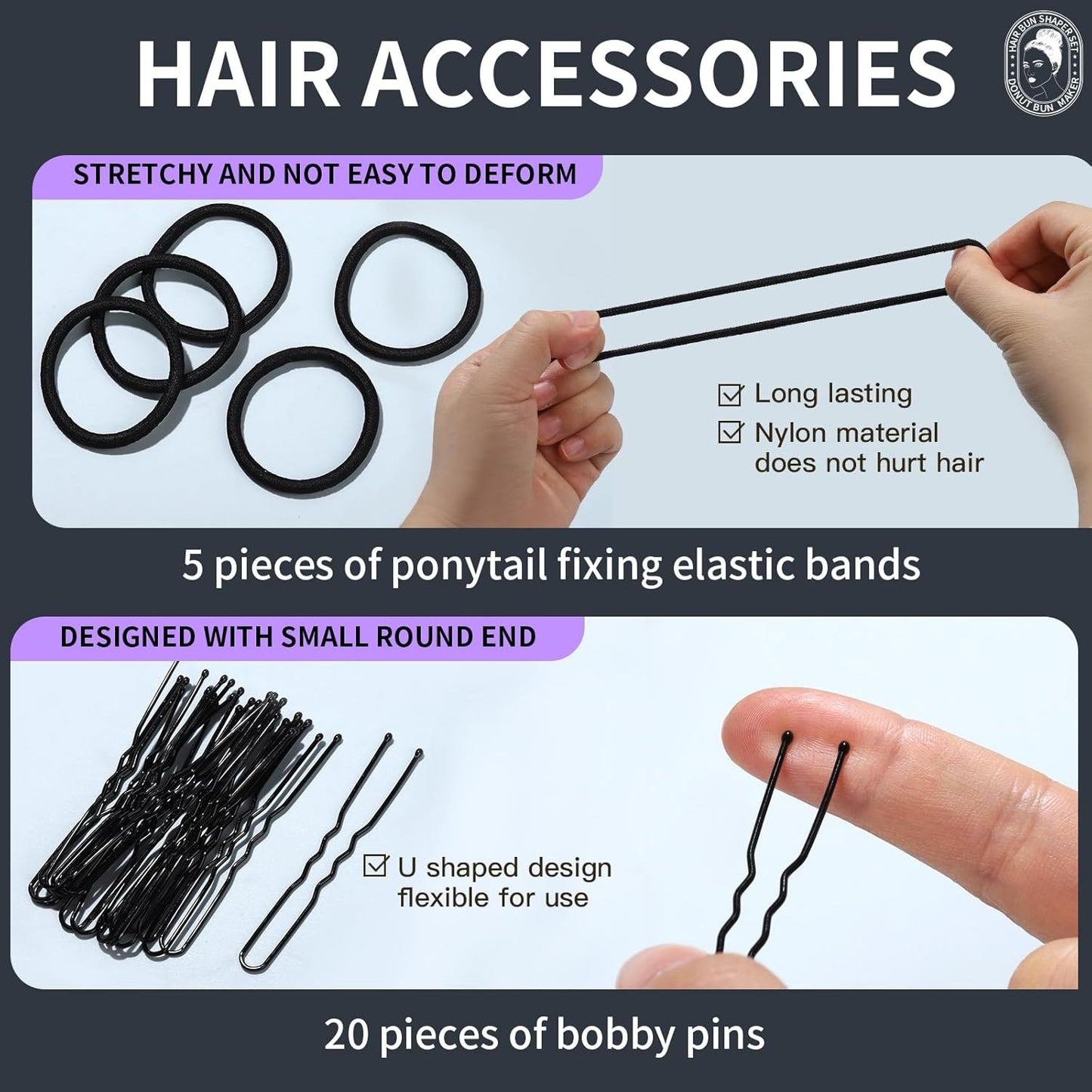 Teenitor Hair Bun Maker Set - 7 Hair Donut for Buns (1 Extra-Large, 2 Large, 2 Medium, 2 Small), 5 Elastic Bands, 20 Hair Pins, Cream White Color