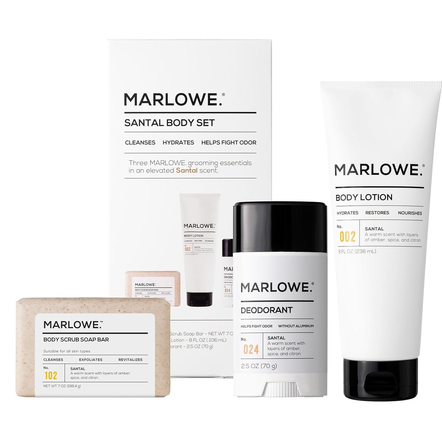 MARLOWE. Men's Grooming Santal Body Set, Features No. 102 Scrub Soap Bar, No. 024 Deodorant & No. 002 Body Lotion, Warm Amber, Sandalwood & Citron Scent