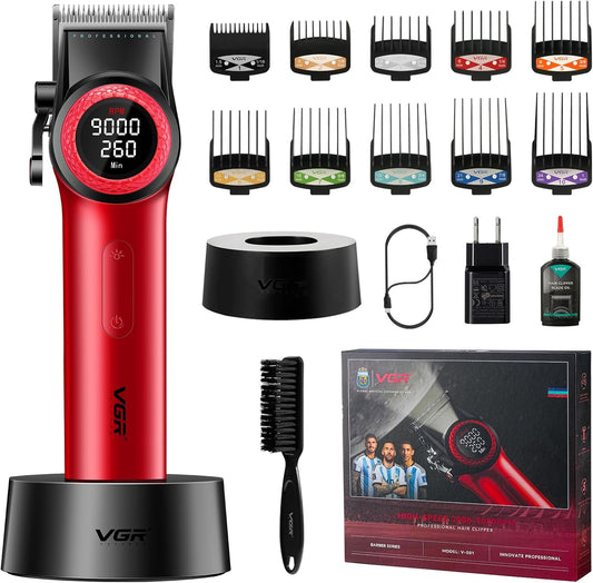VGR 001 Professional Hair Clippers for Men, Cordless Barber Clippers for Hair Cutting, Carbon Steel Blade Hair Trimmers for Barbers, 9000RPM, LED Display, Red