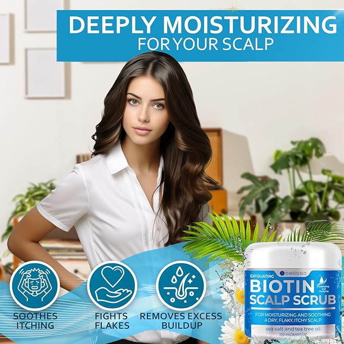 Biotin Scalp Scrub - Exfoliator Treatment for Dry Hair and Itchy, Flaky Scalps - Intense Moisturizer and Detox Cleanser for Build Up Relief - Anti Dandruff Mask with Tea Tree Oil for Women and Men