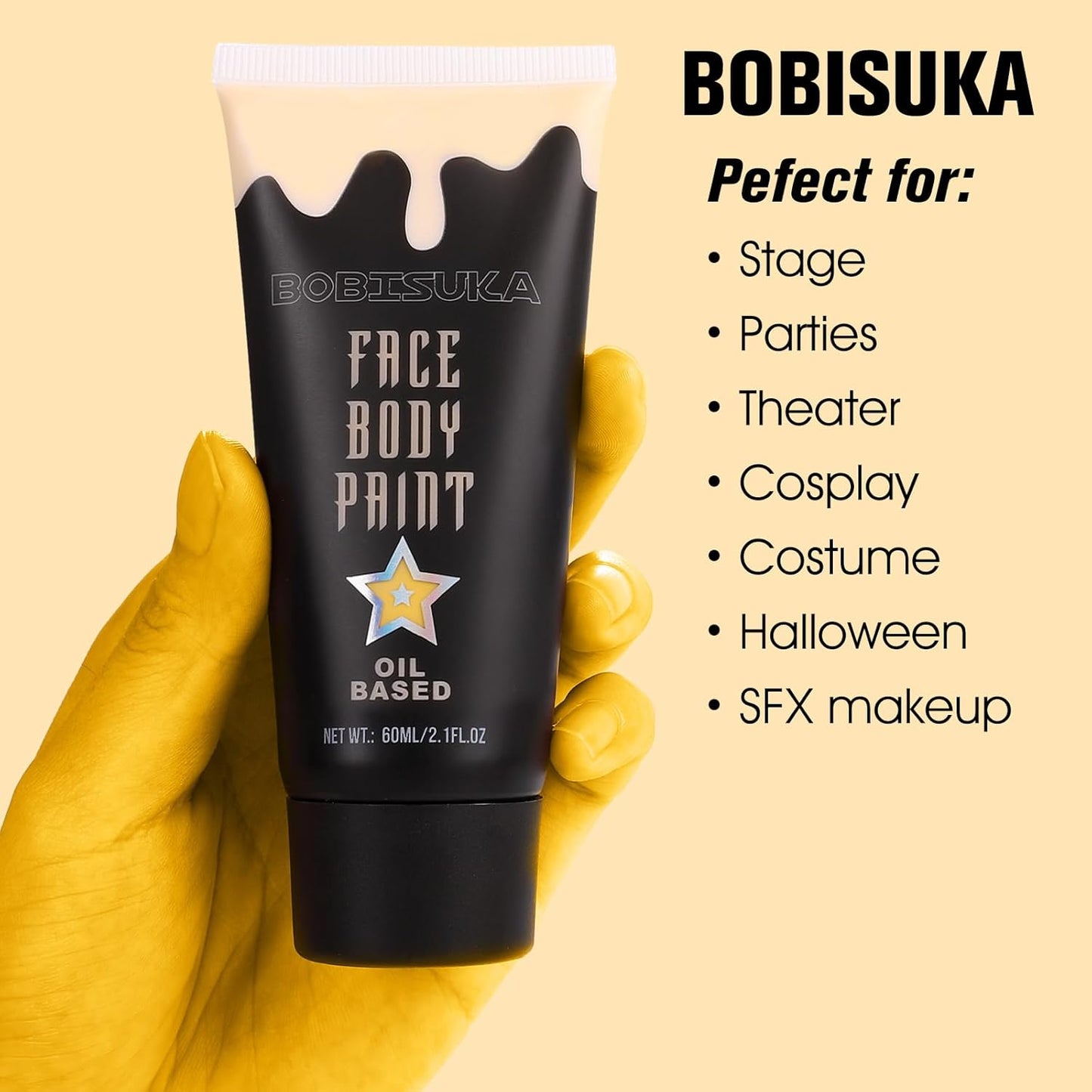 BOBISUKA Yellow Face Paint, Professional SFX Body Paint, High Pigmented Face Painting Kit for Halloween Cosplay, Costume, Parties,Stage, Theater, Special Effect Makeup（2.1 Fl.oz）