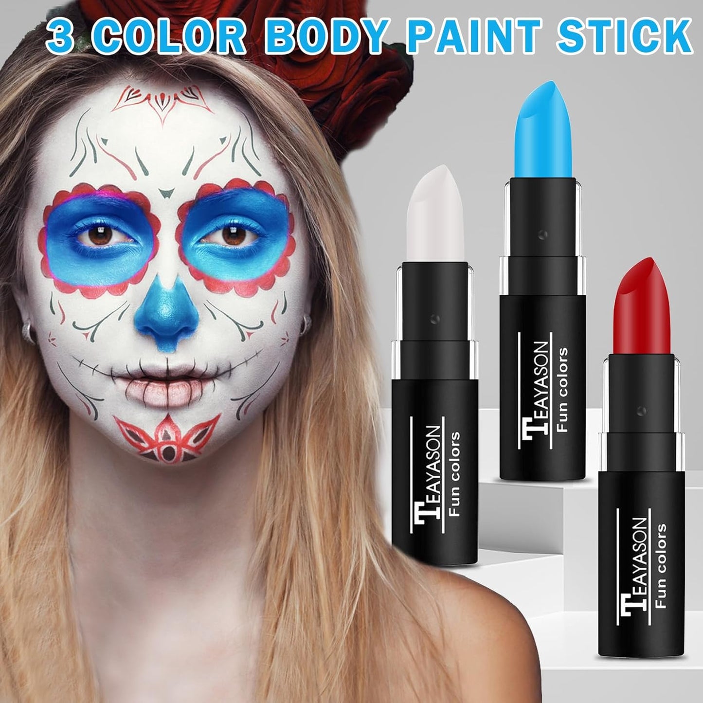 Red White and Blue Face Paint Sticks Professional Eye Black Baseball Football Softball,Cream Blendable Body Paint for Halloween Zombie Vampire Makeup（Blue/White/Red Face Paint Sticks)