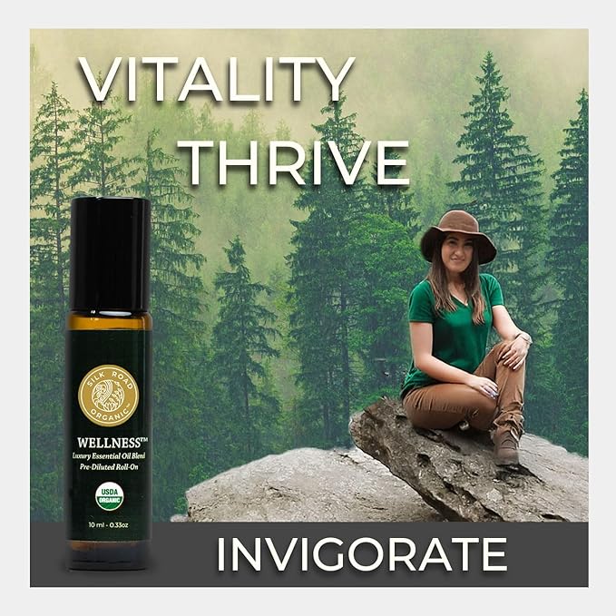 Silk Road Organic Wellness Essential Oil Vitality Blend Roll On - 100% Pure USDA Certified Frankincense, Cypress, Cedarwood, Clary Sage, Orange - Thrive Naturally, 10 ml Roller