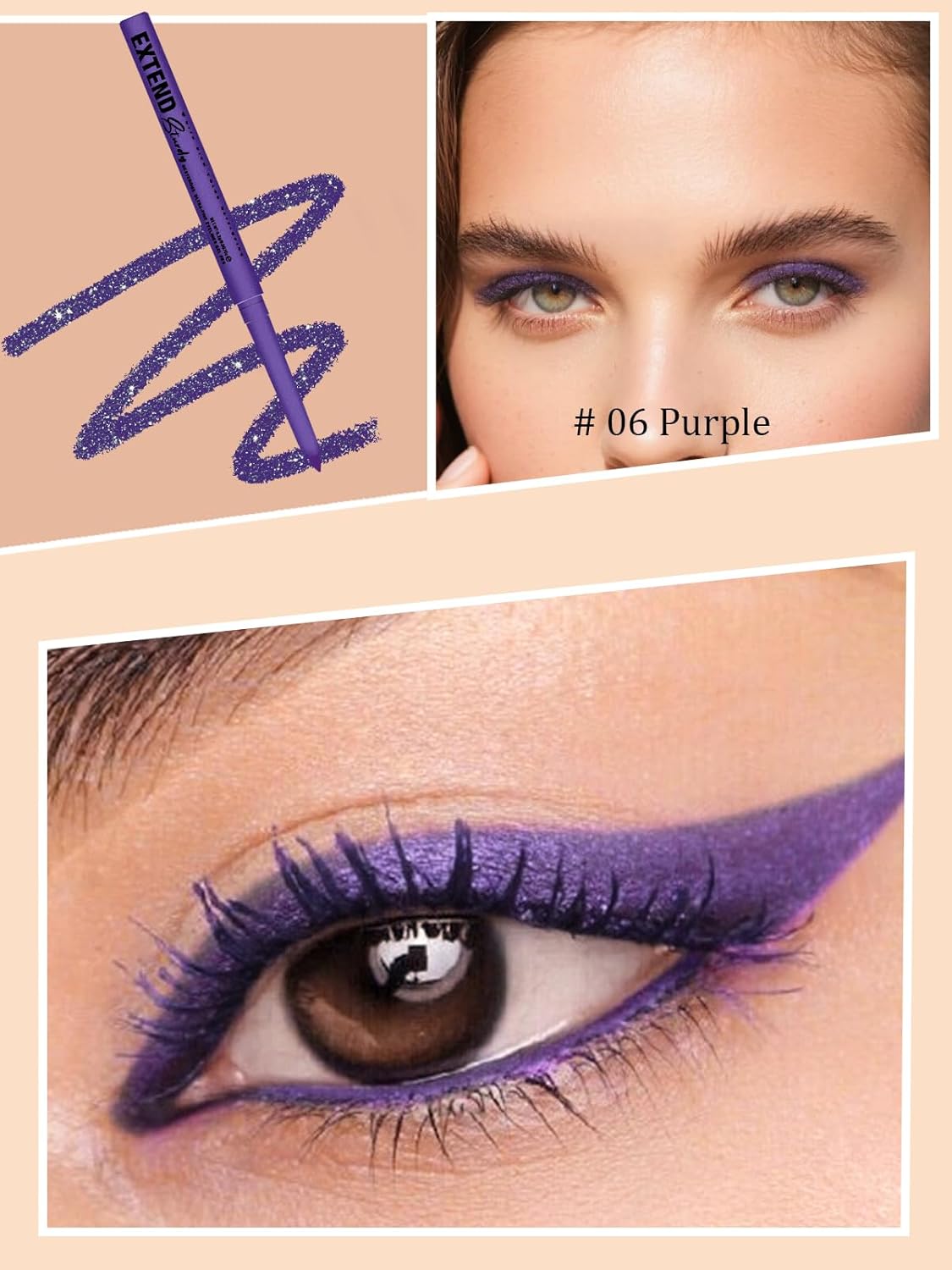 Purple Gel Glitter Eyeliner Pencil, Metallic Waterproof Smudge-Proof Creamy Retractable Smooth Eye Liner pencil, Hypoallergenic Long Lasting Eyeliner Brightener Pen Crayon Eye Makeup Gift for Women#06