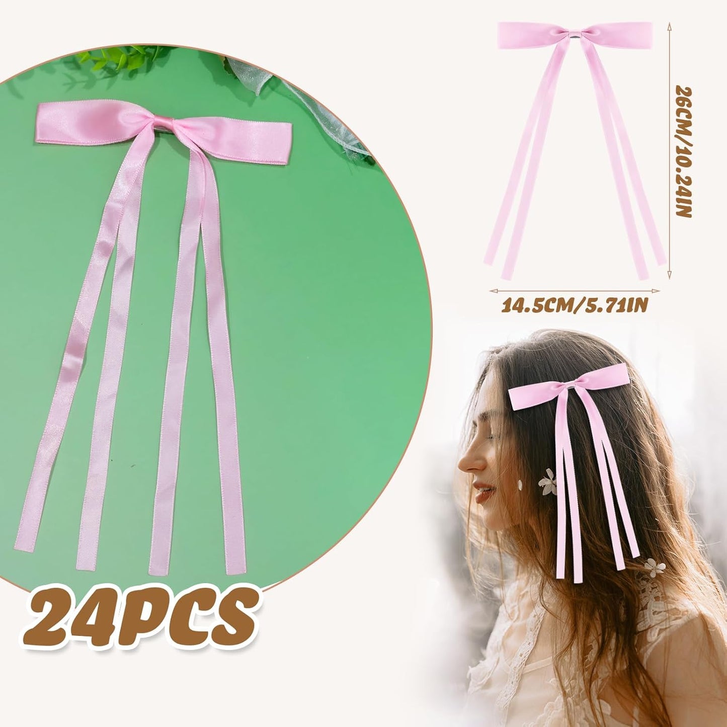 24 PCS Hair Bows Clips Ribbon,Mini Satin Hair Bows With Long Tail for Women and Girls Hairstyle Accessory Gift (Pink)