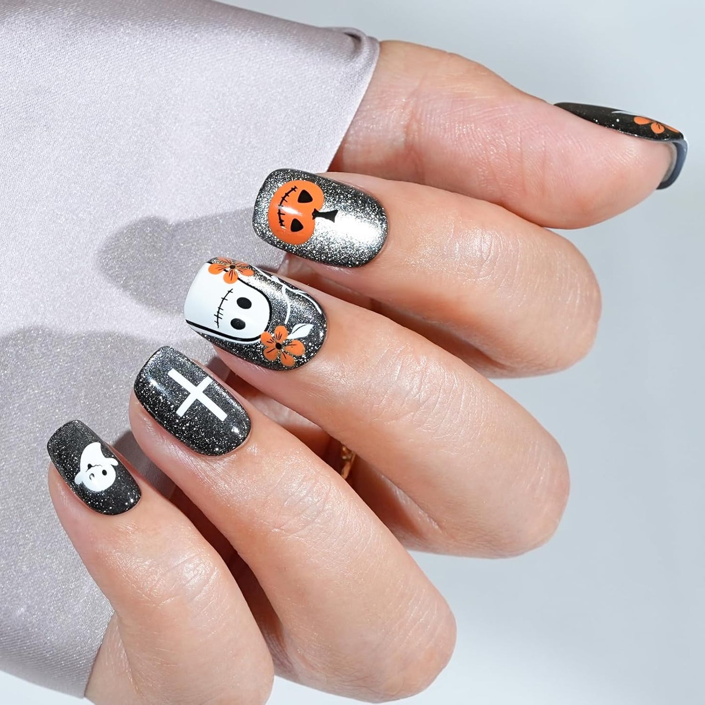 Halloween Press On Nails - Pumpkin Nail Gray Cat Eye Halloween Nails, Acrylic Short Square Nails Press On with Nail Glue, Fit Perfectly & Natural Stick On Nails in 16 Sizes - 32PCS Soft Gel Kit