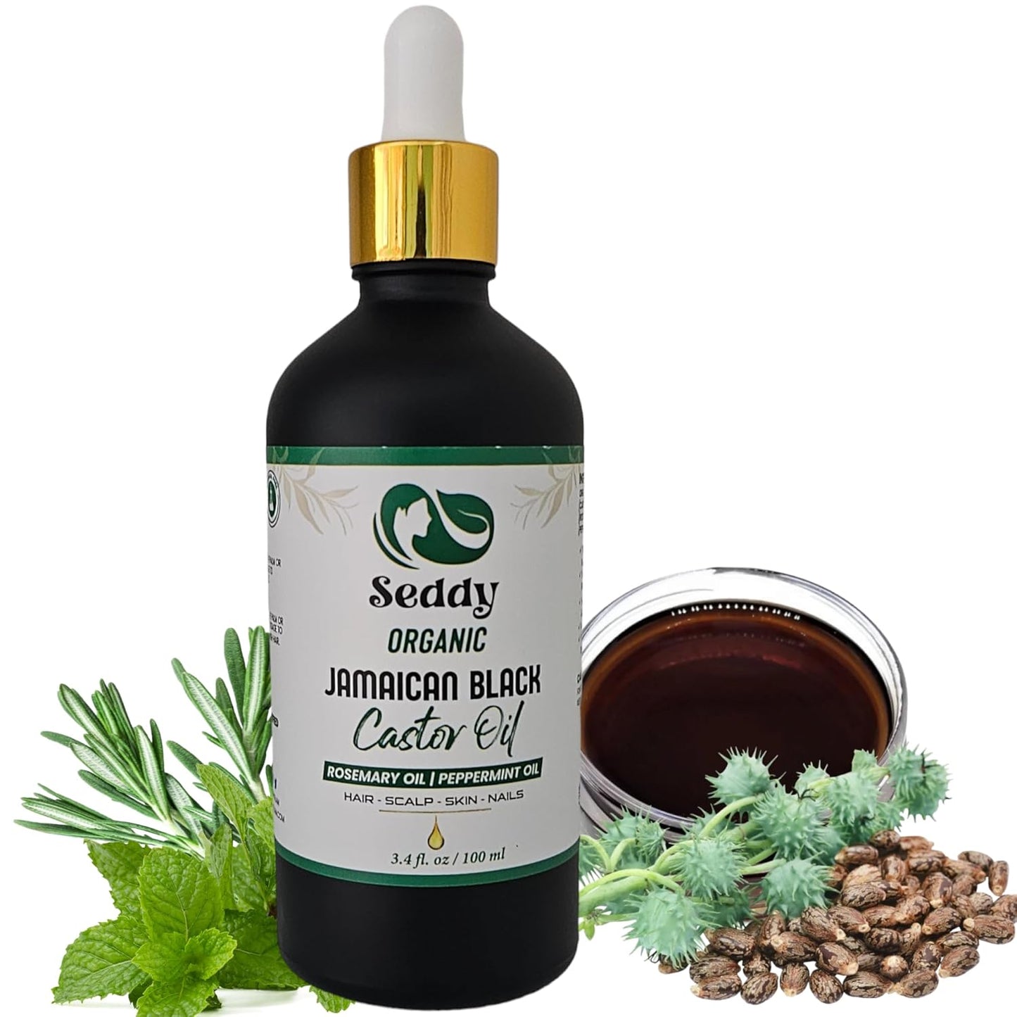 Seddy Organic Jamaican Black Castor Oil - with Rosemary & Peppermint in Glass Bottle - Cold Pressed | Hexane-Free | Promotes Hair Growth | Strengthens Hair | Hair Treatment Oil - 3.4 Fl. Oz