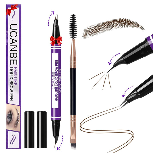 UCANBE Curved Eyebrow Pencils for Women with Spoolie Brush,Dual-Ended Eyebrow Pen with 2-Fork-Tip&Precise Brush-Tip,Microblading Brow Pen for Hair-Like Brows,Waterfool, Long Lasting,Dark Brown