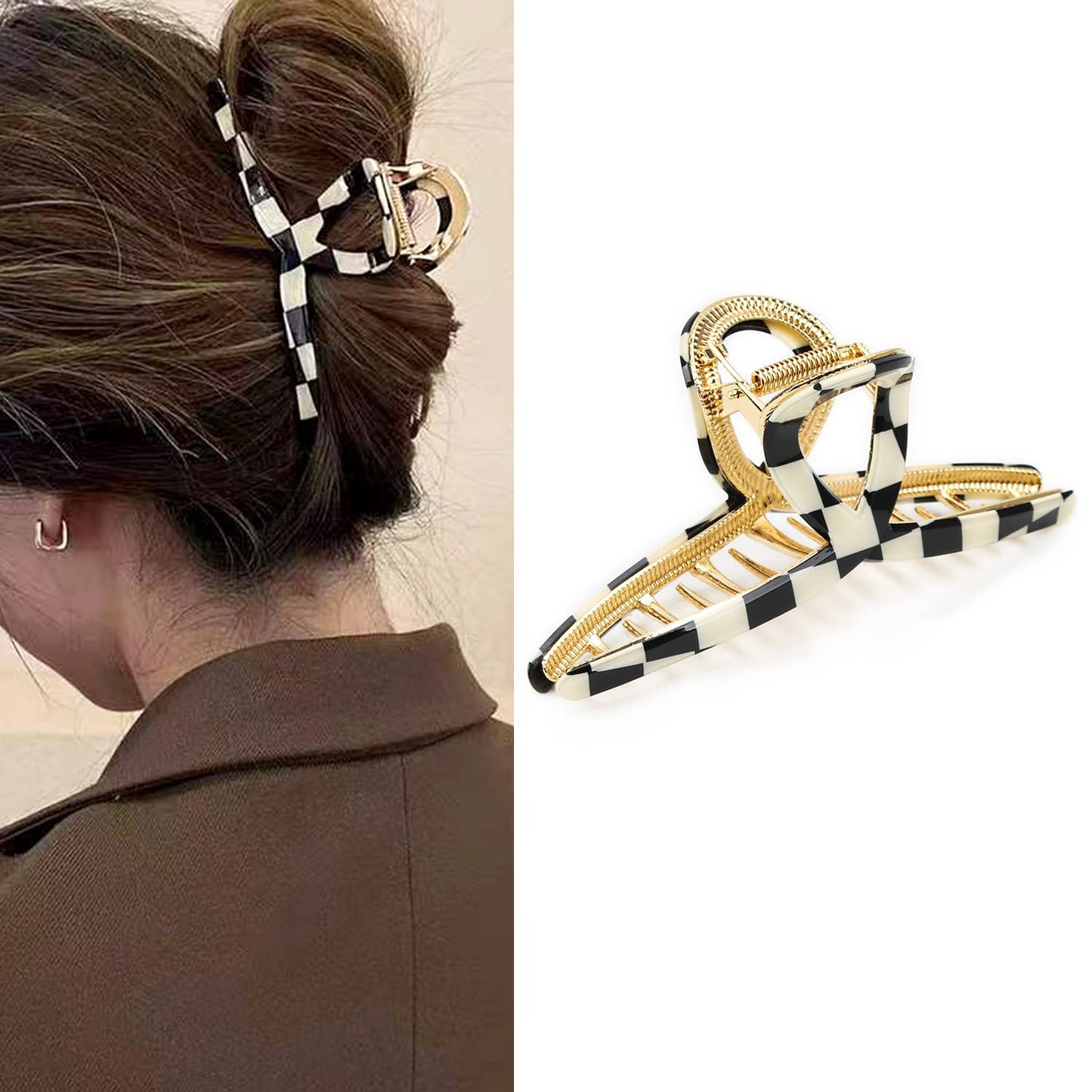FAELBATY Hair Clip, Acetate Metal Claw Clip for Women, Strong Hold Claw for Heavy Hair, Checkerboard Pattern, 4.5" Jaw Clamp, Large Hair Accessories for Long Thick Hair