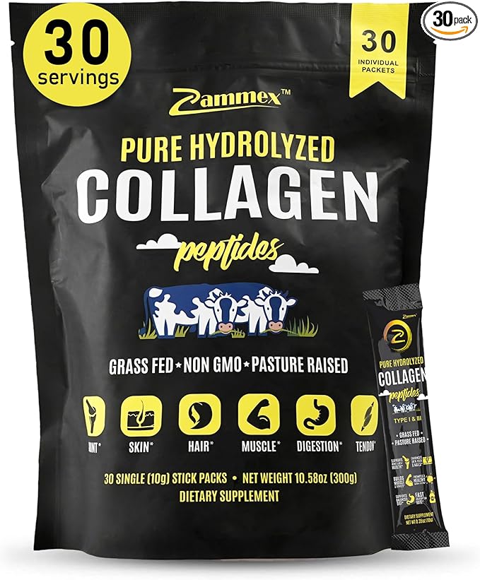 Premium Collagen Peptides Powder, 30 Sticks Travel Packets(Type I, III), Unflavored Collagen Protein Powder to Go, Hydrolyzed Collagen Peptides for Skin Hair Nail Joint, 10g per Serving, Paleo & Keto