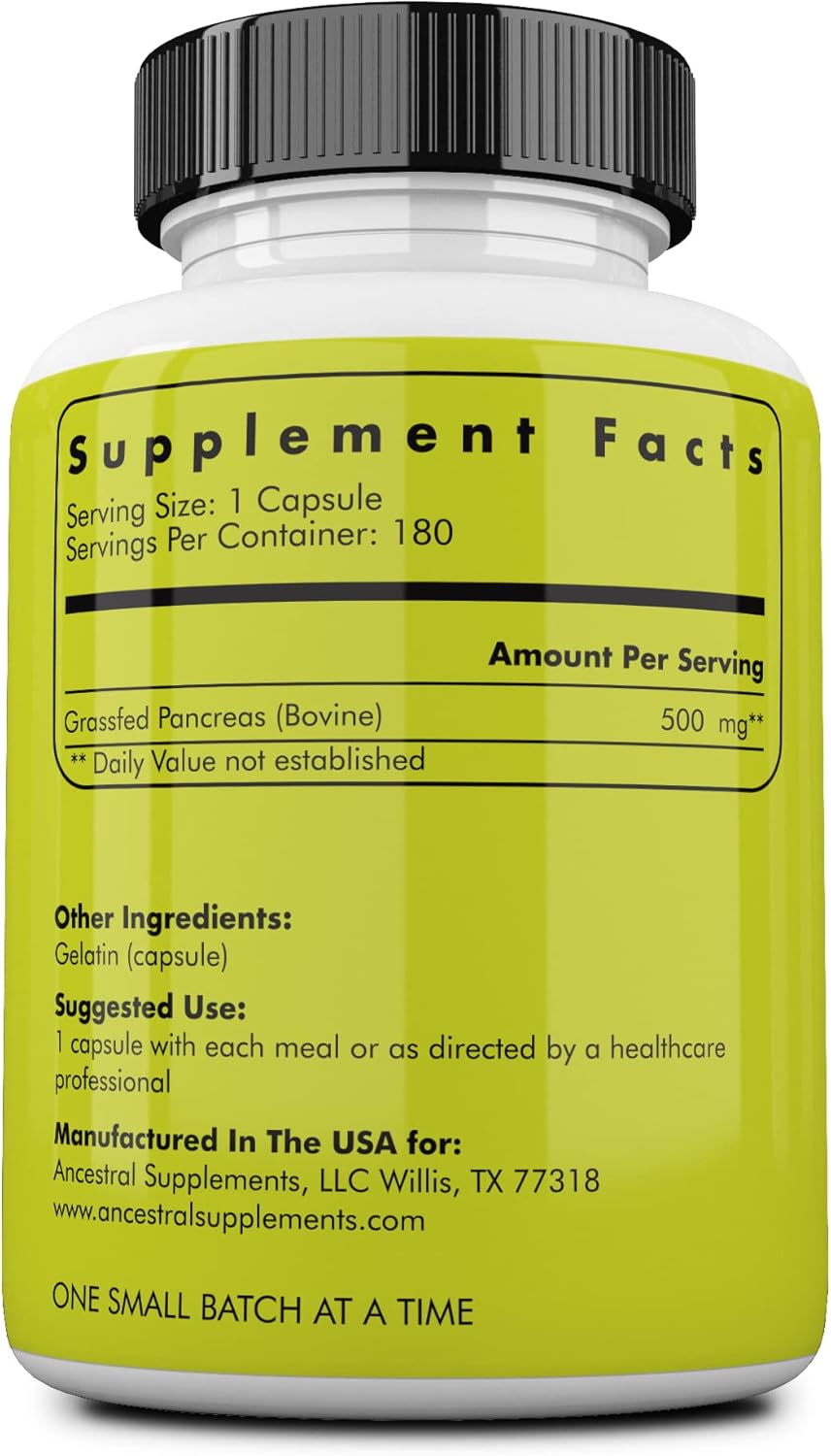Ancestral Supplements Grass Fed Beef Pancreas Supplement, 500mg, Pancreatic Support with Proteolytic Digestive Enzymes for Digestion Support, Including Trypsin, Non GMO, 180 Capsules