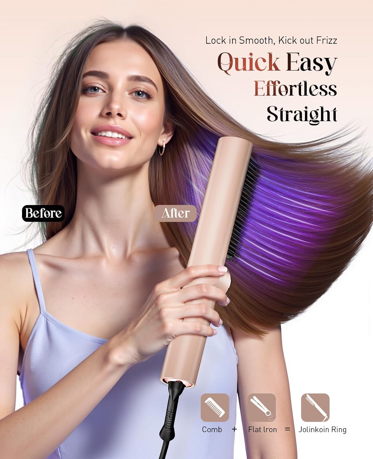 Hair Straightener Brush Portable: Ionic Curling & Straightening Brush with Fast Heating, Reduce Damage & Anti-Scald, Gold