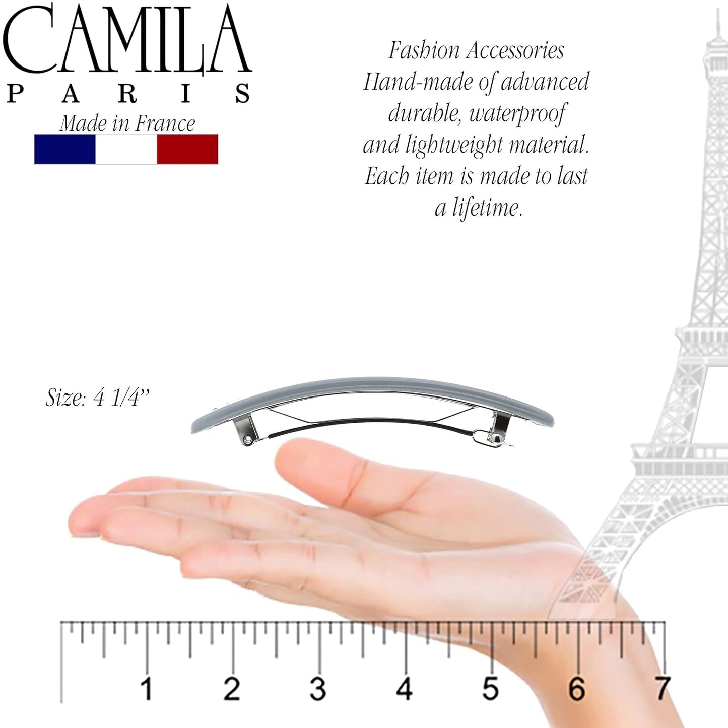 Camila Paris CP3445 French Hair Barrette Clip for Girls, Gray, Rubberized Automatic Clasp Strong Hold Grip Hair Clips for Women, No Slip and Durable Styling Girls Hair Accessories, Made in France