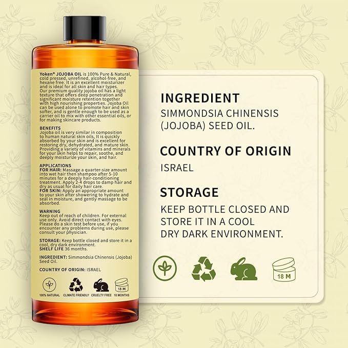 32 fl oz (EWG Verified) 100% Pure Jojoba Carrier Oil - Unrefined, Hexane-Free, Cold Pressed for Skin, Face, Hair, Nails, and Massage