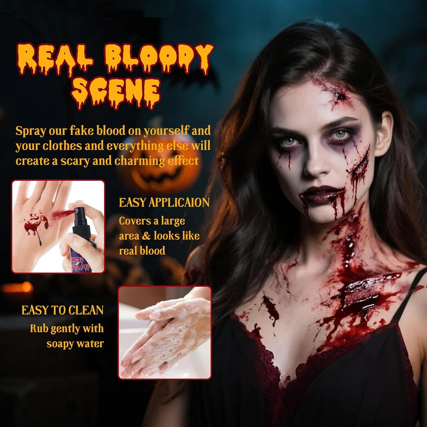 Fake Blood SFX Makeup Kit – 3 Pack Special Effects Halloween Blood Set [1.06oz Coagulated + 2.03oz Dripping + 2.03oz Spray] – Washable Vampire Blood for Face, Body, Clothes