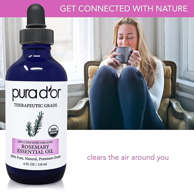 PURA D'OR Organic Rosemary Essential Oil, 4oz, Therapeutic Grade, for Hair, Body, Skin, Aromatherapy, Relaxation, Massage, Mood, Relief, Home, DIY Soap