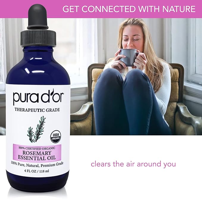 PURA D'OR Organic Rosemary Essential Oil, 4oz, Therapeutic Grade, for Hair, Body, Skin, Aromatherapy, Relaxation, Massage, Mood, Relief, Home, DIY Soap