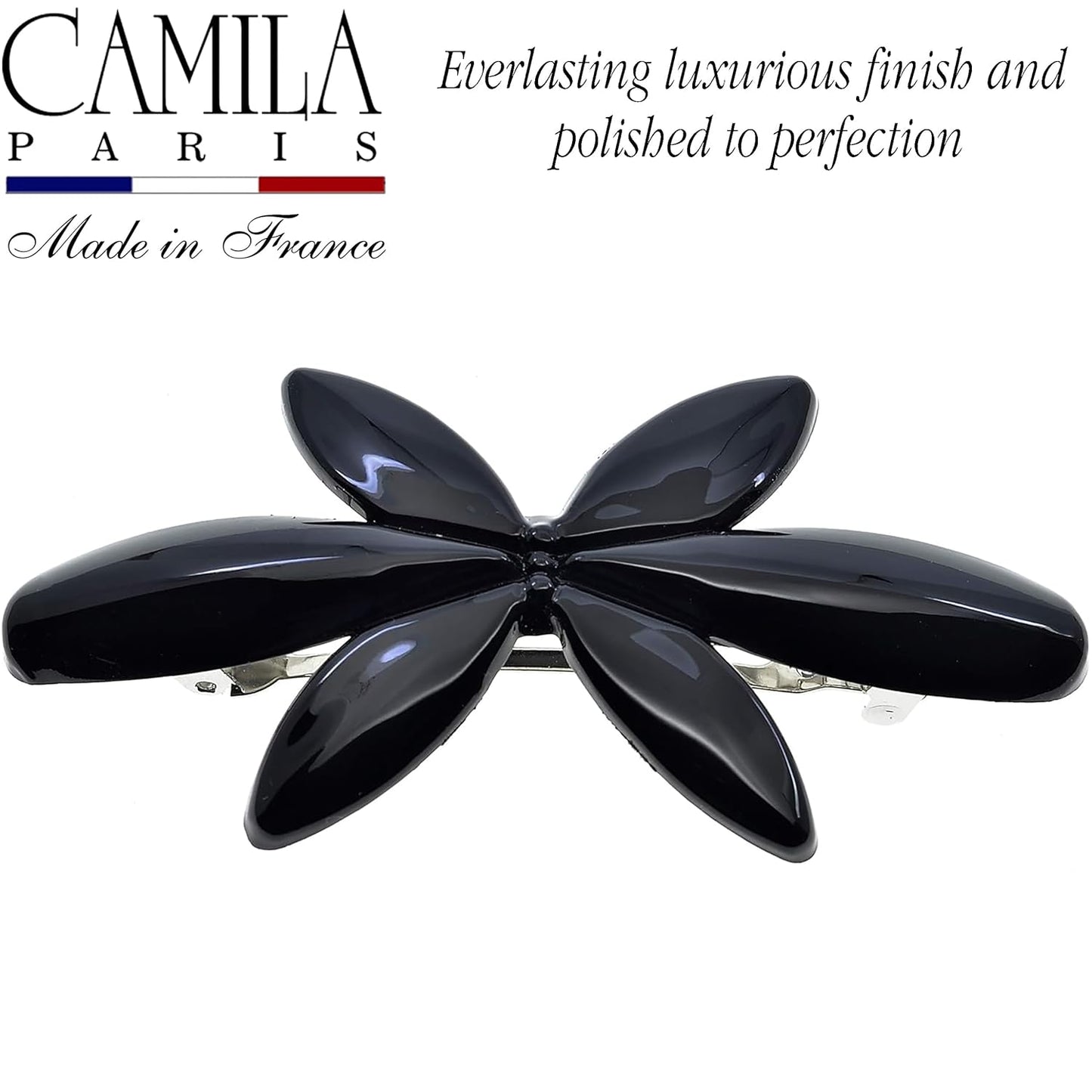 Camila Paris CP2875 French Hair Barrette Clip for Girls Flower, Black, Automatic Clasp Strong Hold Grip Hair Clips for Women, No Slip and Durable Styling Girls Hair Accessories, Made in France