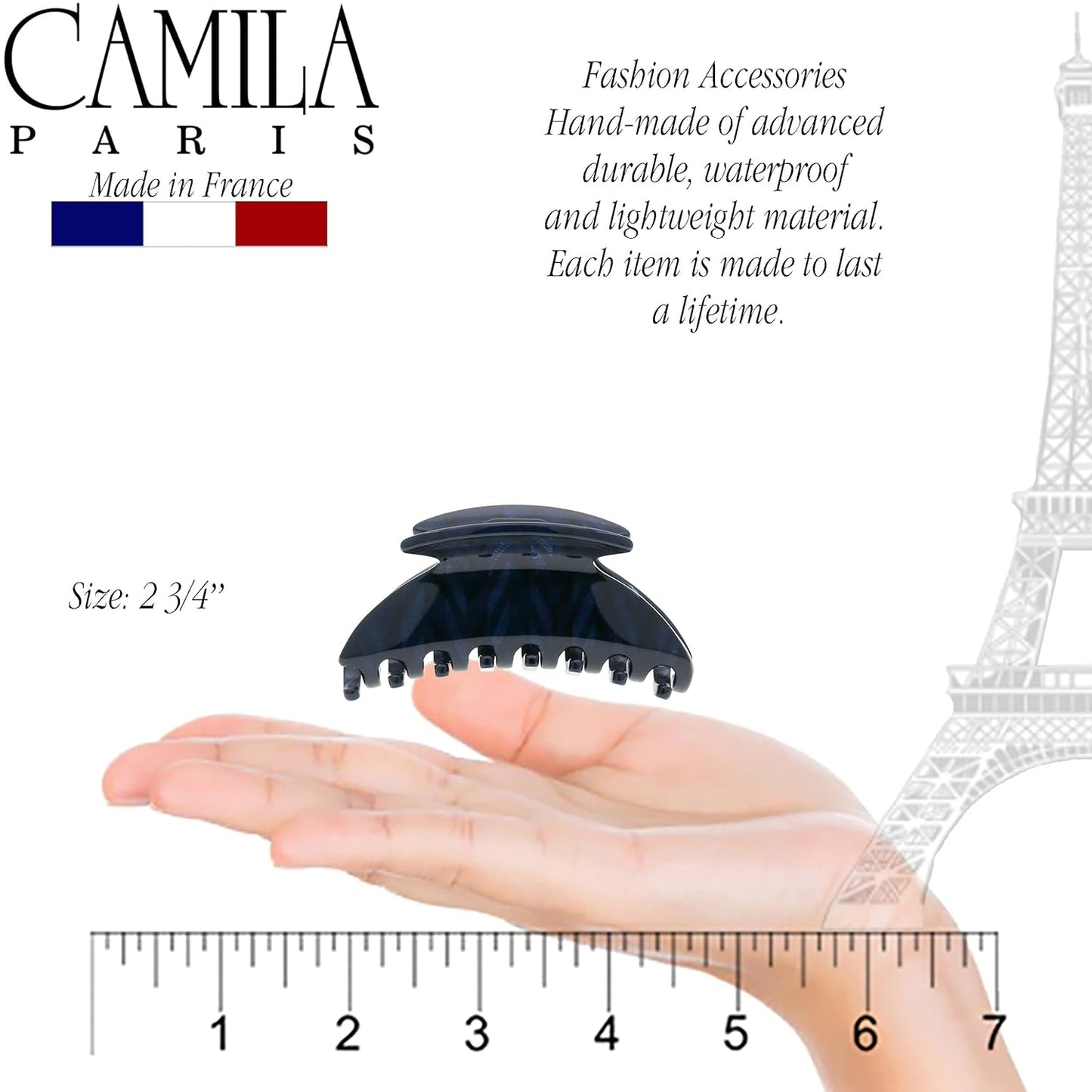 Camila Paris CP3267 French Hair Clip for Women, Small 2.75 inch Handmade, Blue, Girls Hair Claw Clips Jaw Fashion Durable Styling Hair Accessories for Women, Strong Hold No Slip Grip. Made in France