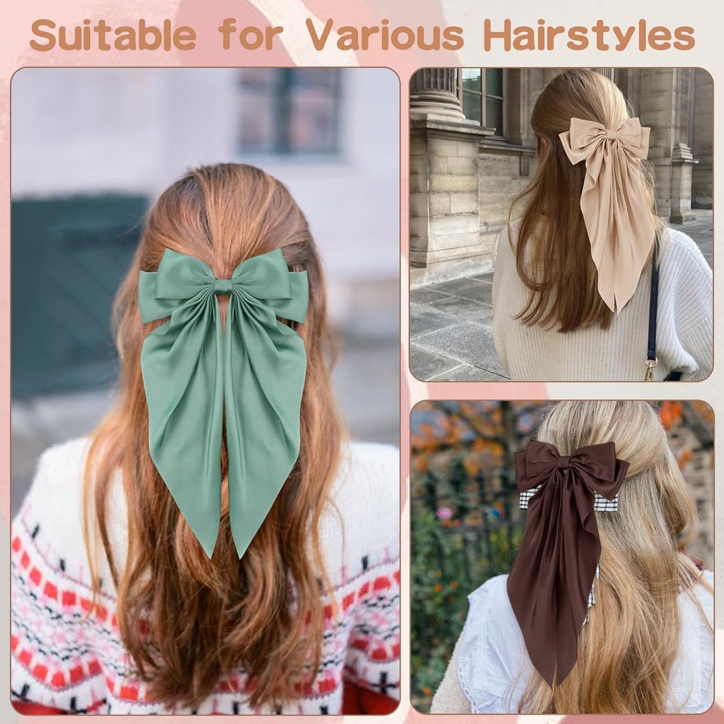 6 PCS Hair Bows for Women, Big Bow Hair Clips for Girls, Silky Satin Hair Bow Clips Oversized, Large Cute Aesthetic Hair Accessories Christmas Gifts Holiday Green Color