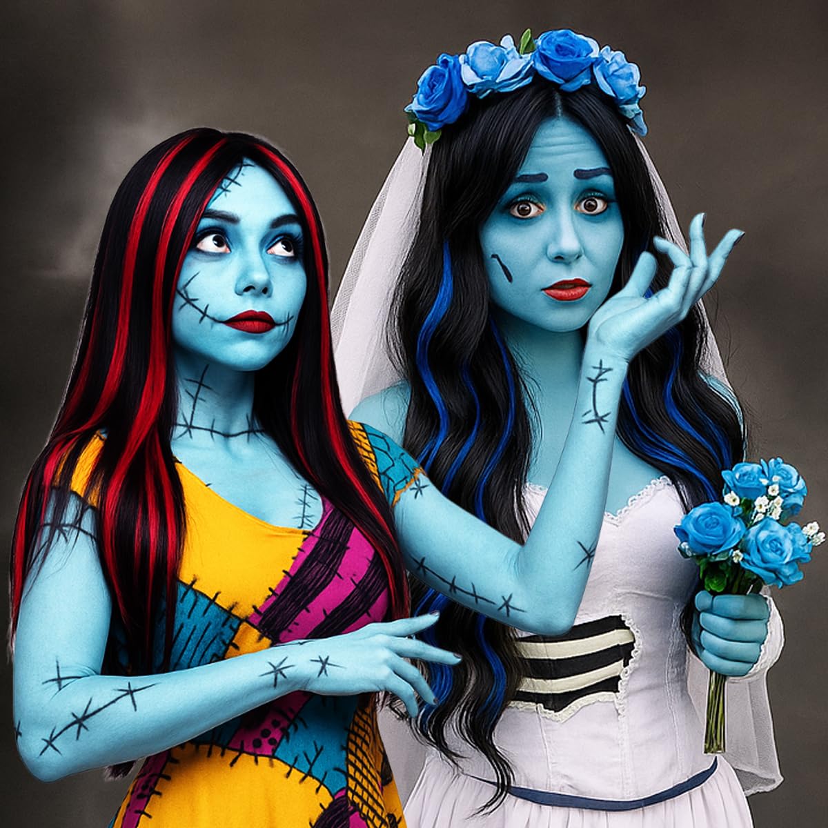 Mysense Sally Makeup Kit,Halloween Sally Costume Corpse Bride Makeup,Sally Face Cosplay Accessories for Women Girls Kids,Light Blue Face Paint+Red Lipstick+Black Liquid Eyeliner+Sponges