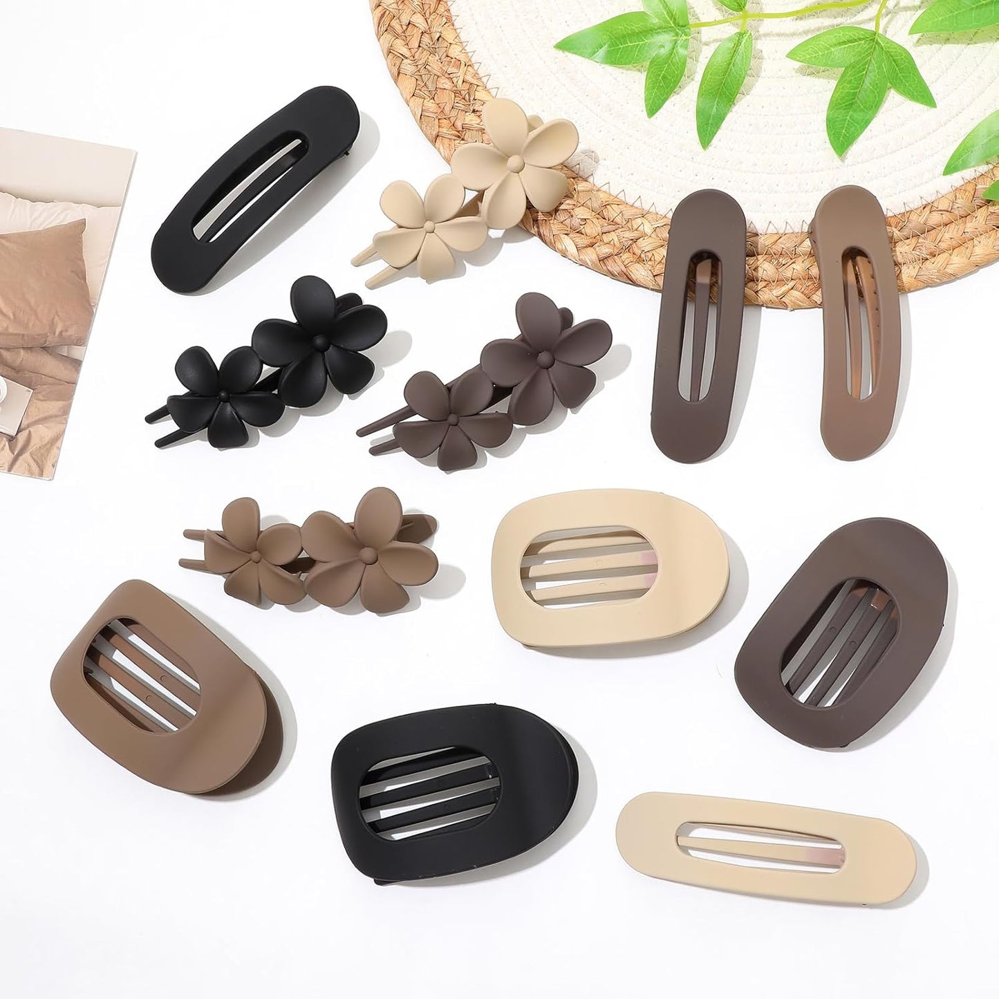 12 Pcs Flat Hair Clips for Women, 3 Styles Matte Flower Hair Clips and Flat Clips, Big and Small Neutral Colors Non-slip Flat Claw Clips Thin Thick Curly Straight Hair Accessories
