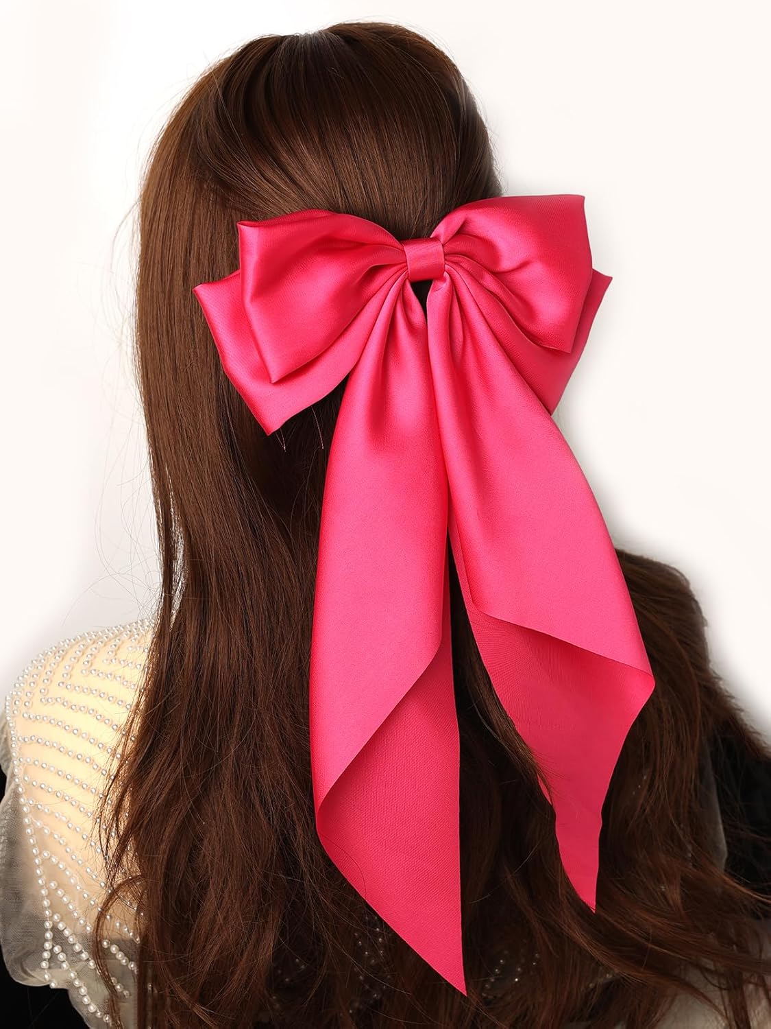 Satin Bow Hair Clips for Women,Big Bow Hair Slides Metal Clips Long Ribbon Hairpin Girls Barrettes Party Half-Updo Ponytail Accessories (Hot Pink/Yellow)