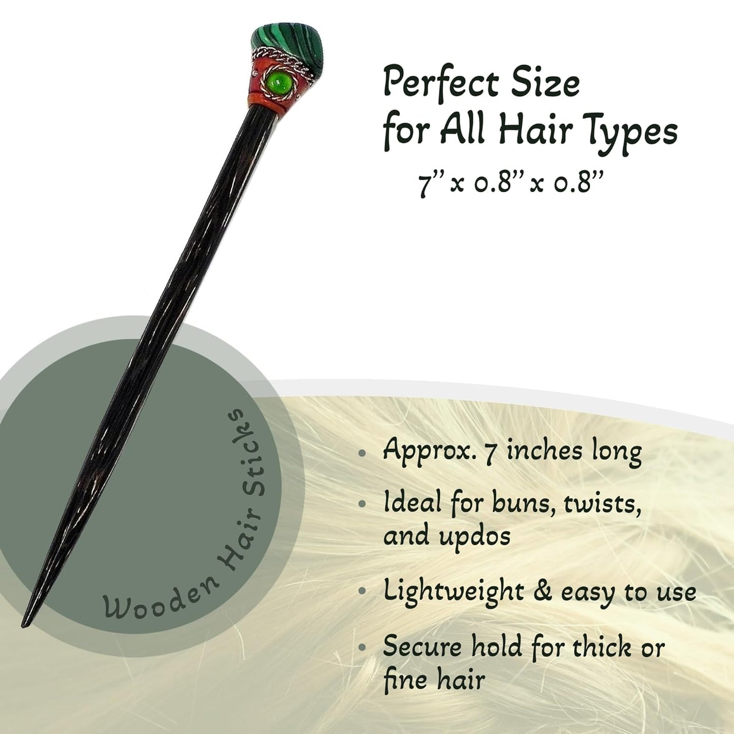 Mia Jewel Shop - Natural Tumbled Healing Gemstone Crystal Chonta Wooden Hair Sticks – Handmade Hair Sticks for Women | Hair Pins Boho Reiki Accessories, Fashion Gifts (Green Malachite)