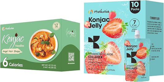 Konjac Jelly Strawberry Flavor with Collagen Peptides 10 Packs and Konjac Angel Hair Gluten Free 12 Packs Low Calorie, Keto, Sugar Free, Healthy Food