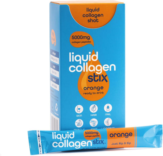 Hydrolyzed Liquid Collagen Peptides for Women & Men - Grass-Fed Bovine Protein Supplement for Hair Growth, Skin and Nails (Pack of 14, Orange)