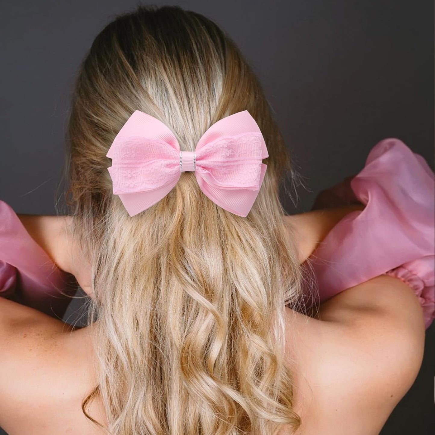 4-Inch Hair Bows Alligator Clips Delicate Lace Hair Accessories for Girls, Toddler, Kids and Women Daily Dress Up Birthday Wedding Christmas Occasions- Set of 2 (Pink)