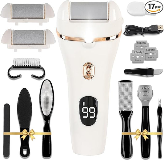 Electric Callus Remover for Feet, 17-in-1 Professional Pedicure Kit, Foot Scrubber Electric Foot File for Hard Cracked Dry Dead Skin, 3 Rollers, 2 Speed, Battery Display