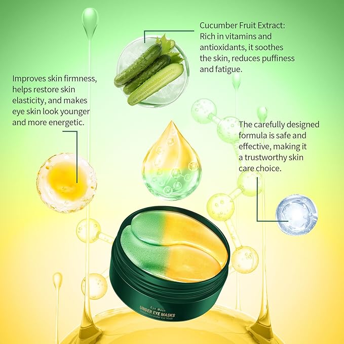 Under Eye Masks，Golden Cucumber Eye Mask 60 Tablets Set，Eye Mask for Fine Lines, Wrinkles, Dark Circles and Eye Puffiness，Suitable for Both Men and Women，5.64 OZ