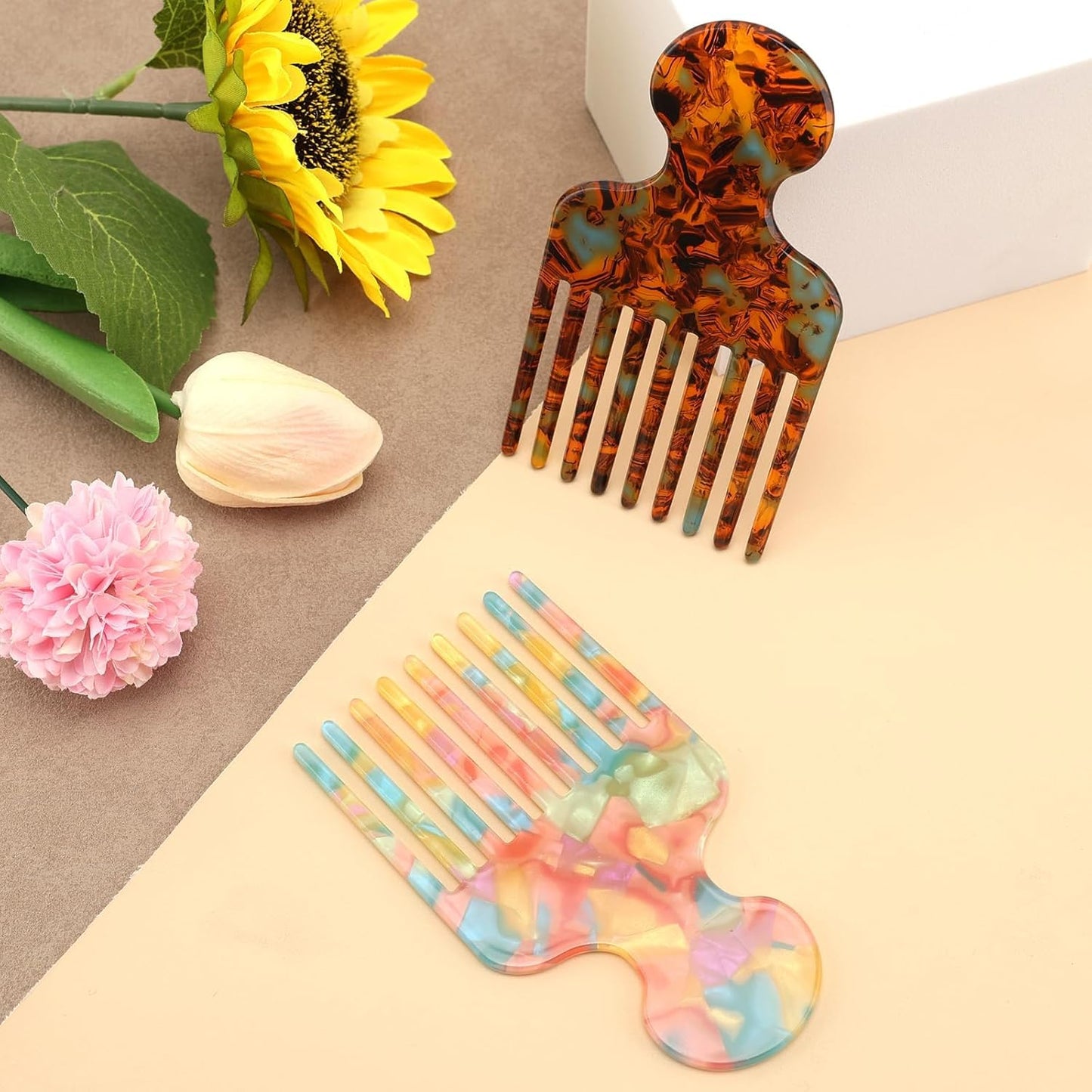 2pcs Hair Pick Comb Long Wide Tooth Comb for Curls 4.7in Smooth Detangling Lifting Curly Hair Picks Afro Smooth Styling Tools for Women Men Barber Supplies(Colorful)