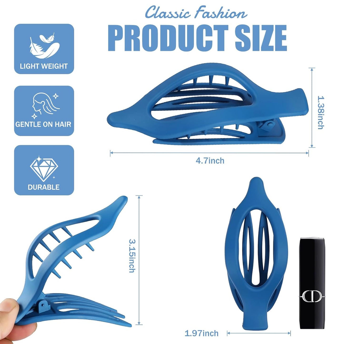 Flat Hair Clips for Women - 6 PCS French Flat Claw Clips Medium Hair Clips for Girls Large Hair Claw Clips for Thick or Thin Hair Strong Hold No Slip Hair Accessories for women (Blue)