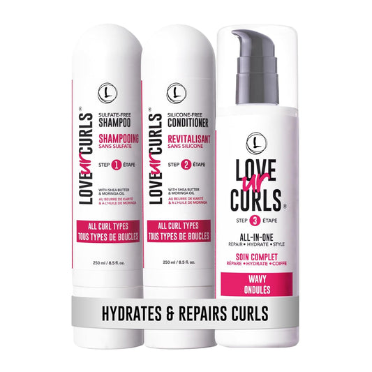 Love Ur Curls - Shampoo & Conditioner Set with All in One Curl Cream Styler for Wavy Hair, 3 Step System for Repair and Moisturizing