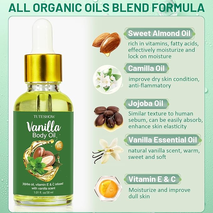 3 Pack Vanilla Body Oil Scented, Jojoba Oil and Vitamin E & C Infused Body Oils for Women after Shower, Highly Moisturize and Rejuvenate, Easily Absorb, Travel Size 1.01 fl.oz/30 ml