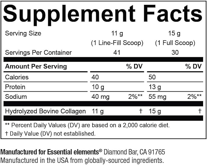 Essential Elements Hydrolyzed Collagen Peptides Powder - Supplement for Joint, Skin, Hair, & Nail Support Types I III Non-GMO, Hormone-Free, Grass-Fed 41 Servings