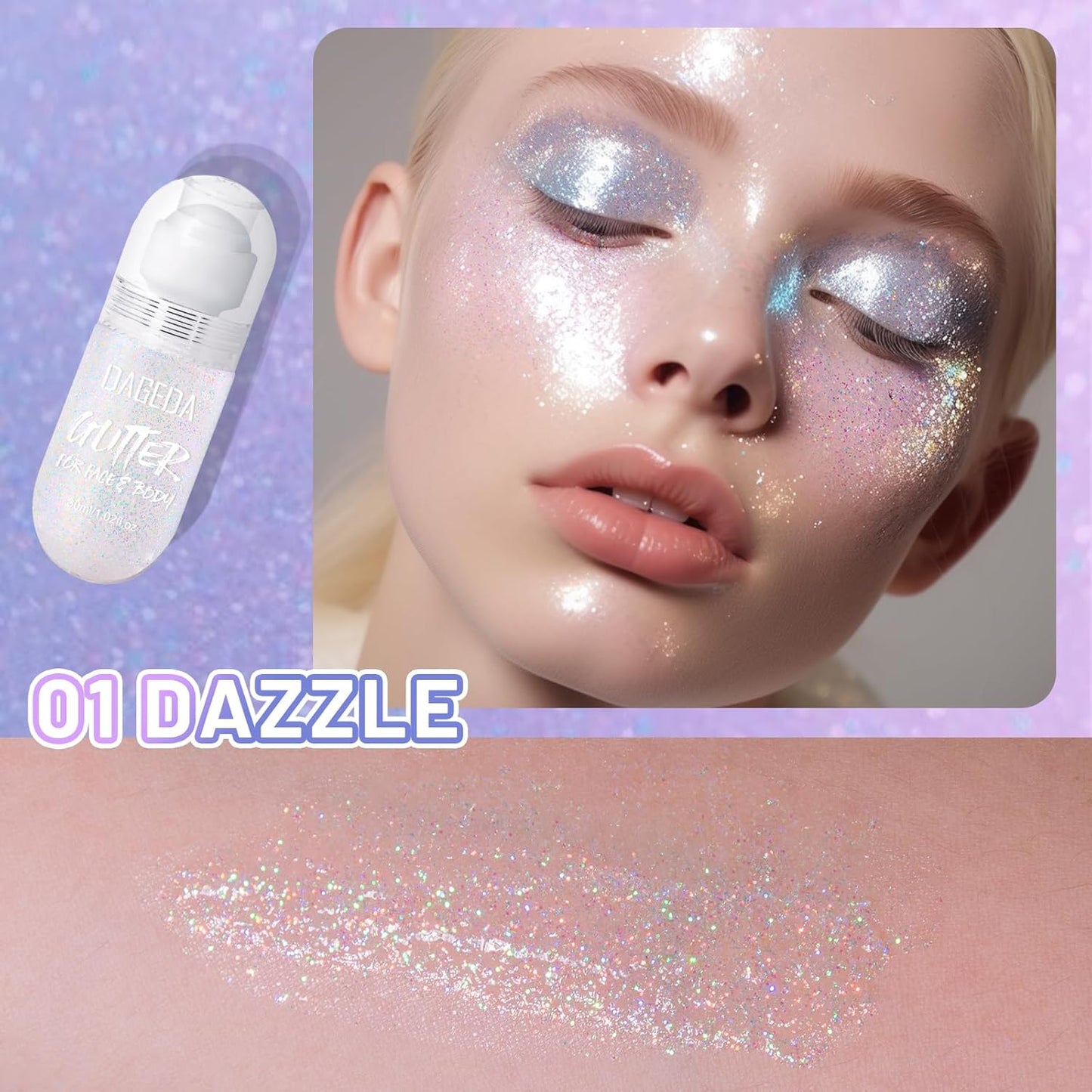 DAGEDA Body Glitter Gel, Roll-on Face Glitter for Mermaid Makeup Festival Rave Accessories, Holographic Hair Glitter Gel,Body Shimmer Halloween Makeup for Rave Party (Dazzle)