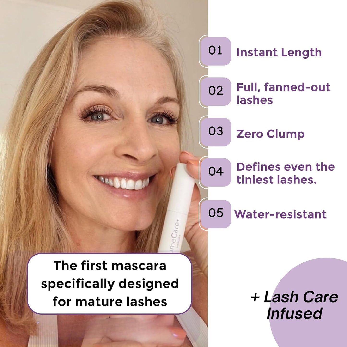 Rumi Cosmetiques VolumeCare+ Mascara For Older Women - Extreme Length and Volume 2-in-1 Formula - No Clumps, Long-Wearing, Hypoallergenic Mascara For Sensitive Eyes (Natural Black)