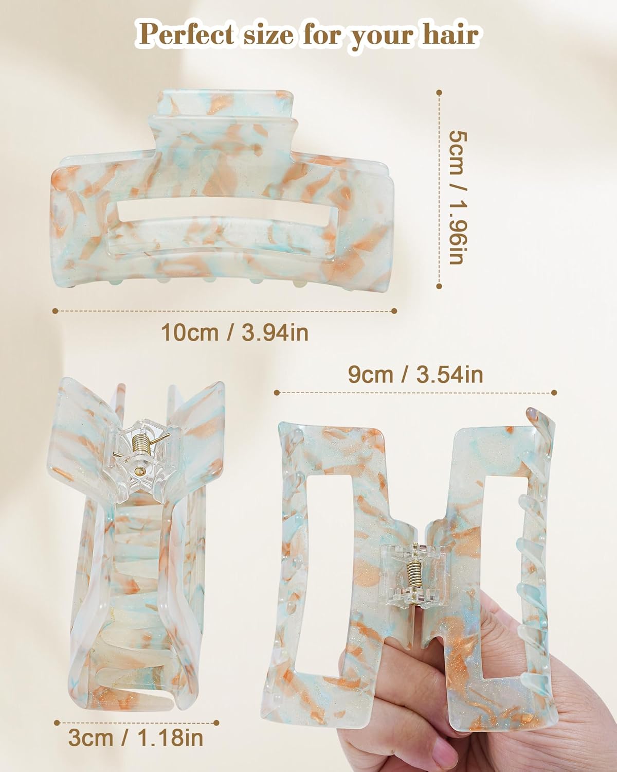 HOKEMP 2 Pack Acrylic Hair Claw Clips for Women, 3.93 Inch Large Non-Slip Strong Hold Rectangle HairClip for Thin Thick Hair (Color 2)