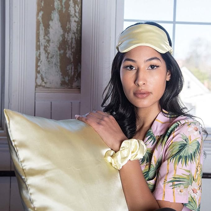 Vegan Silk Sleep Set, Silky Pillowcase with Large Scrunchie and Eye Mask for Hair and Skin, Self Care Essential Satin Night Routine Kit (Light Yellow Color)