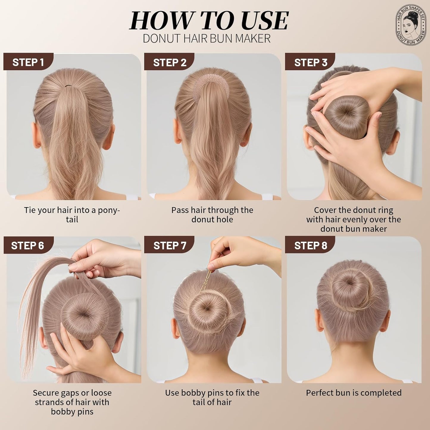 Teenitor Hair Bun Maker Kit and Hair Net, 4 Pcs Medium Hair Donuts For Buns, 10 Pcs Mesh Hair Nets Invisible, 10 Pcs U Shaped Hair Pins for Women, Tan Brown
