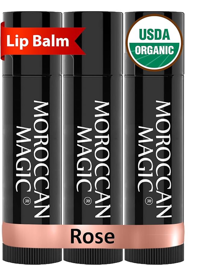 Moroccan Magic Organic Rose Lip Balm 3 Pack | Chapsticks for Dry Lips | Natural Argan & Essential Oils Lip Moisturizer + Vitamin E | Smooth, Hydrating, Non-Toxic | Organic Lip Balm Set